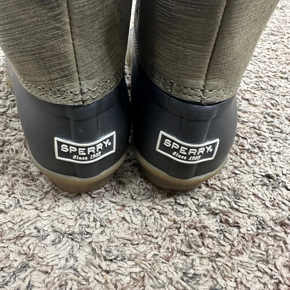 Sperry Saltwater Duck Boots Womens 6.5 Olive Green Black Waterproof STS99729